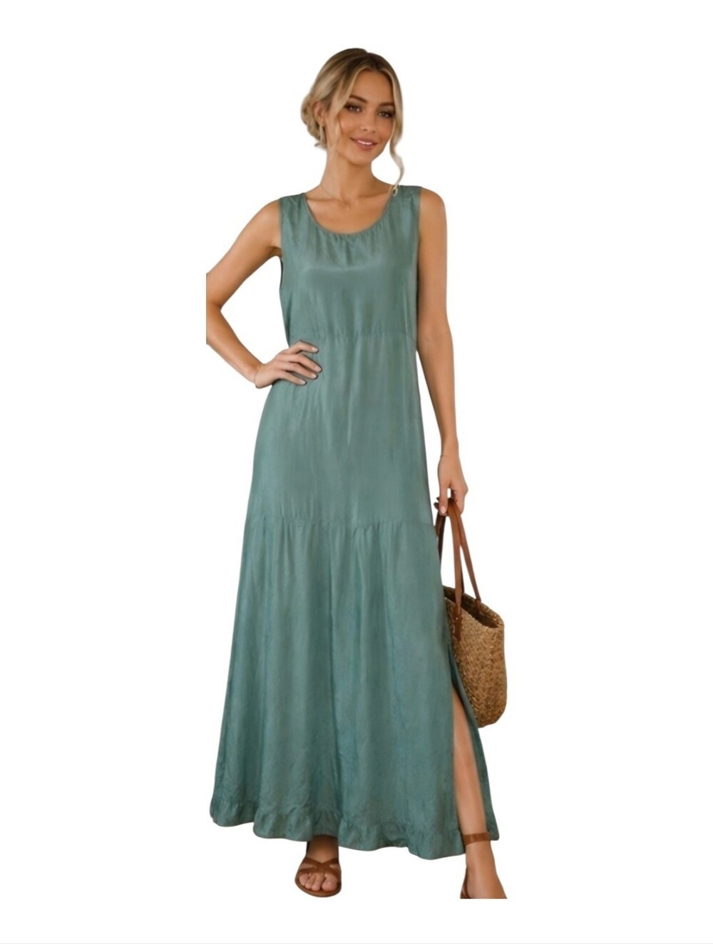 River Road Silk Eucalyptus Green Maxi Dress Sleeveless Slit Boho Resort S/M